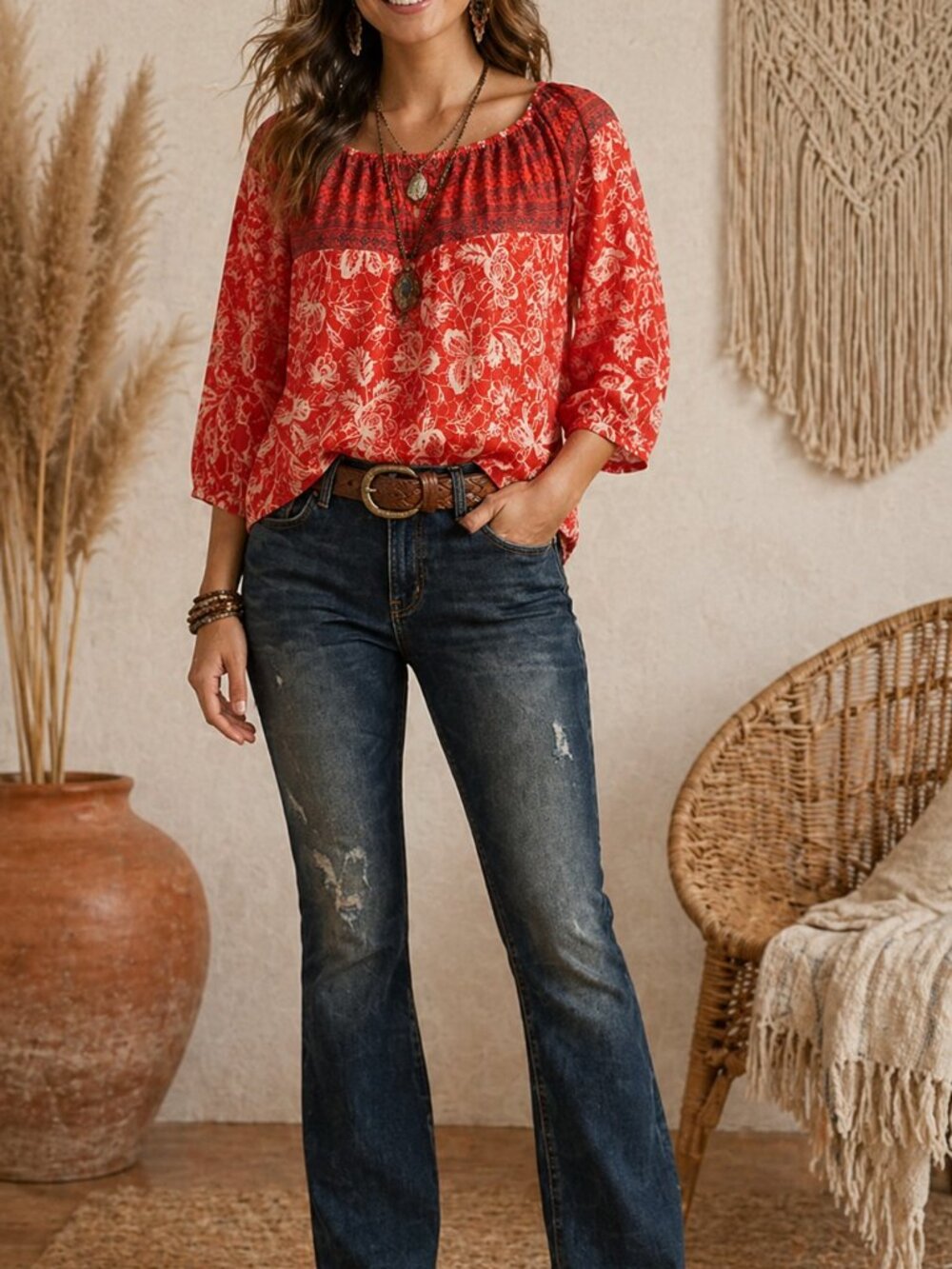 B61 Boho Woven Mixed Print Peasant Blouse in Coral NEW